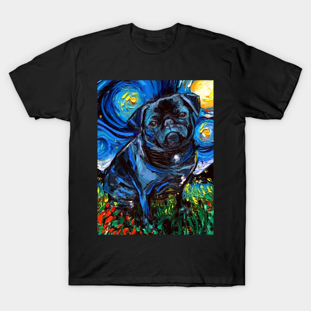 Black Pug Night T-Shirt by sagittariusgallery